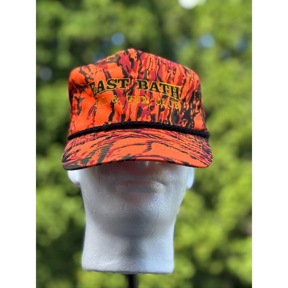 East Bath & Gun Club Blaze Orange Camo Hat Cobra Premium Vintage Snapback Cap On